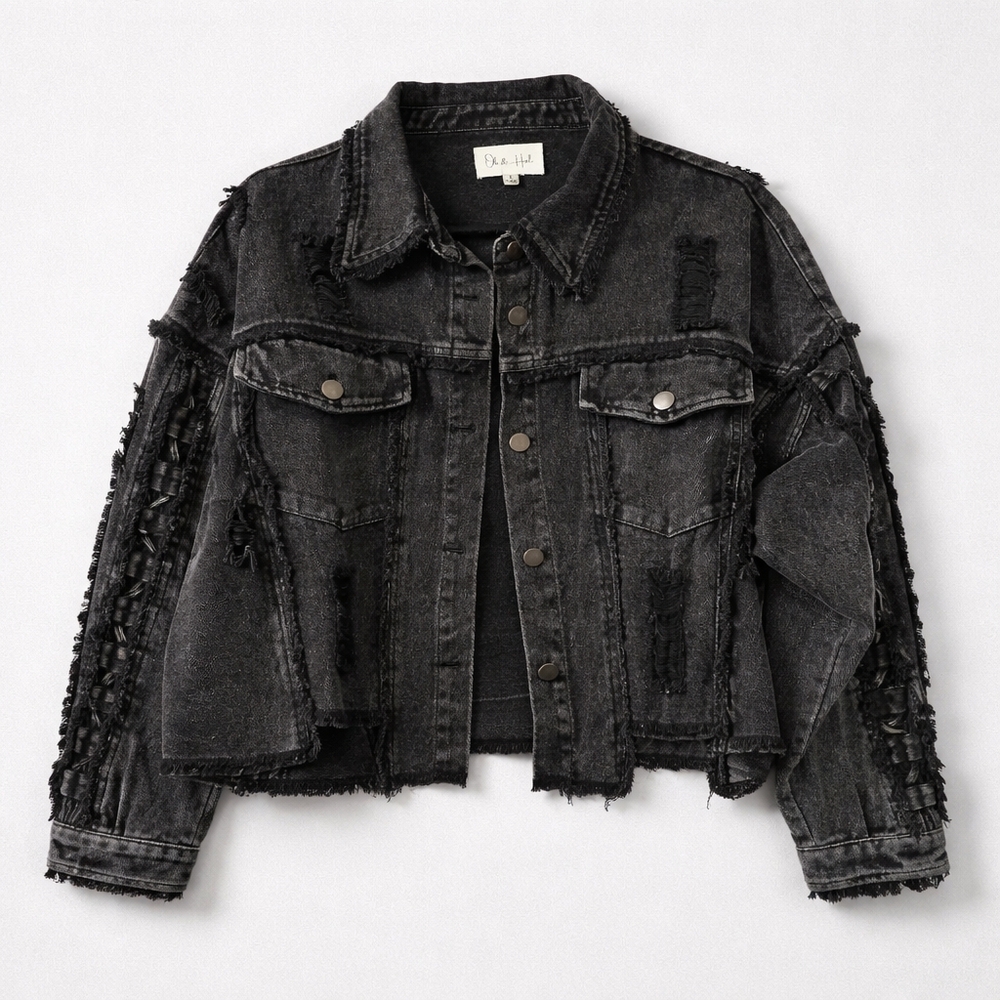 Oli & Hali Charcoal Distressed Black Jean Jacket Womens Size Small NWOT